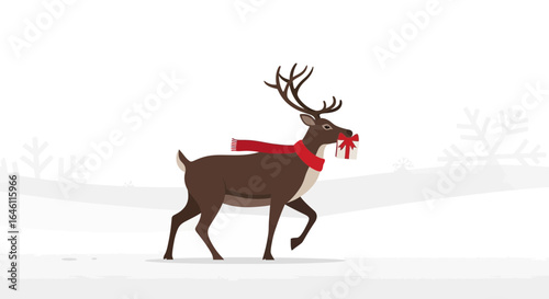 Festive holiday season reindeer wearing a scarf delivering a gift in a winter landscape