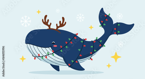 Festive holiday whale wearing reindeer antlers and christmas lights illustration