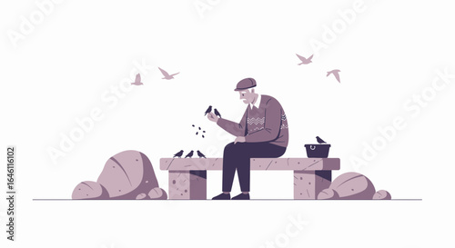 Grandfather Feeds Wild Birds on a Bench in an Abstract Park