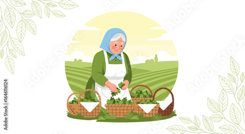 Grandmother collecting medicinal herbs in a picturesque field landscape vector illustration