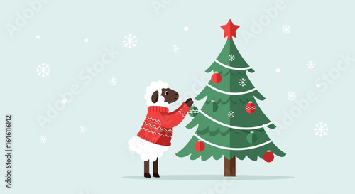 Festive Sheep Decorating Christmas Tree in Winter Wonderland Cartoon Illustration