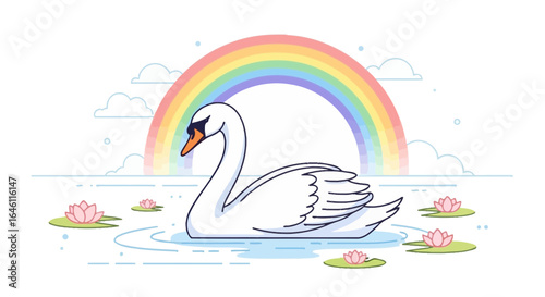 Elegant swan swimming peacefully on a serene lake with a vibrant rainbow backdrop