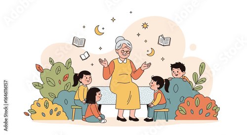 Grandmother Shares Tales With Adorable Children Underneath Twinkling Crescent Moons And Stars