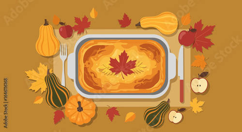 Festive Thanksgiving Dinner Illustration with Pumpkins Apples and Autumn Leaves