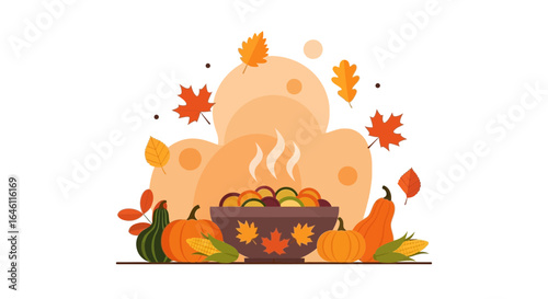 Festive Thanksgiving feast still life featuring a bowl of food and autumn harvest elements in warm tones
