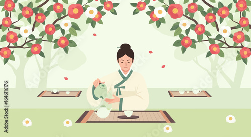 Elegant tea ceremony illustration with flowers and a serene woman pouring tea