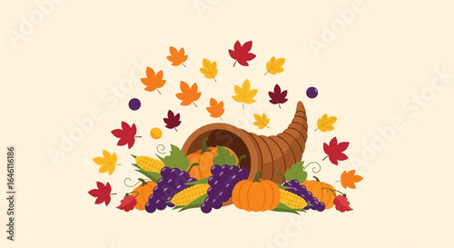 Festive thanksgiving cornucopia illustration brimming with autumn harvest bounty and fall leaves