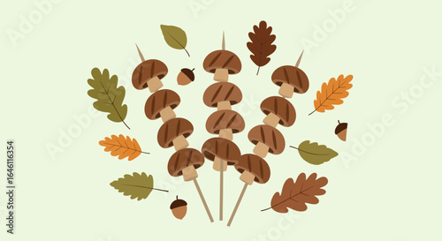 Grilled mushroom skewers with colorful autumn leaves, a seasonal culinary delight with a natural autumnal aesthetic