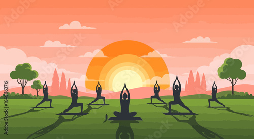 Group meditation session at sunrise offers a peaceful way to start the day promoting wellbeing and balance