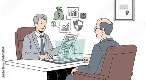 Financial planning illustration, client consultation, business investment analysis and secure future meeting financial advisor at office discussing strategy