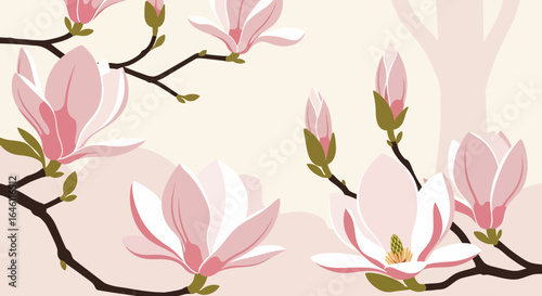 Elegant vector illustration of blooming magnolia branches on a soft pink background creating a serene springtime ambience