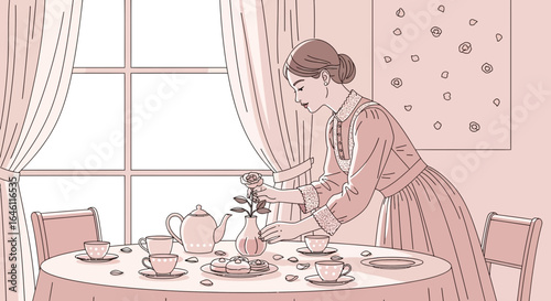 Elegant vintage scene of woman arranging flowers at tea party setting with soft pink tones and detailed linework illustration