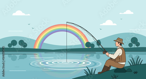 Fisherman enjoying tranquil lake scene with rainbow, embodying relaxation and outdoor lifestyle for promotional campaigns