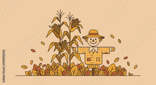 Happy Autumnal Scene Featuring a Scarecrow and Ripe Corn Stalks