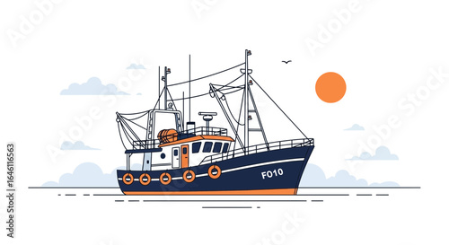 Fishing Vessel at Sea: A Serene Maritime Scene with Boat under the Sun Illustration