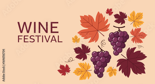 Elegant wine festival background design with grapes and autumn leaves illustration