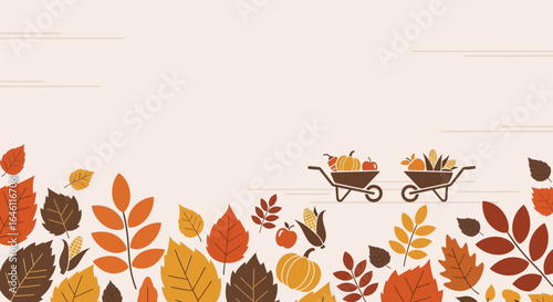 Flat vector design featuring autumn leaves pumpkins and wheelbarrows for fall season greetings and celebrations
