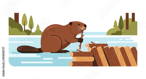 Flat vector illustration of a beaver building a dam in a forest environment with a calm river view and lush trees