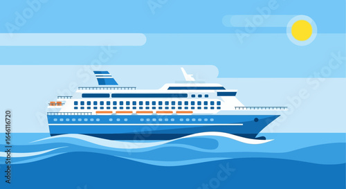 Flat vector illustration of a cruise ship sailing on the sea, perfect for travel related content and tourism marketing
