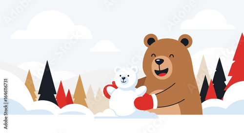 Happy Brown Bear Playing With His Little Polar Bear Friend Making Snowman