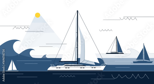 Flat vector illustration of a sailing yachts in the ocean with a sunny day creating a peaceful nautical scene