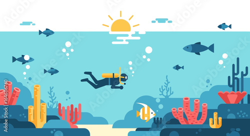 Flat vector illustration of a scuba diver exploring a vibrant coral reef ecosystem