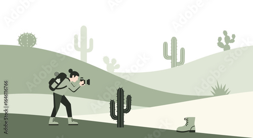 Flat vector illustration of a woman photographing a cactus in the desert landscape
