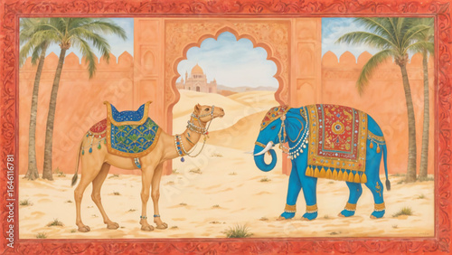 Traditional Mughal vector art of camel and elephant in Jaipur Rajasthani style, rich with cultural heritage and intricate miniature mural design
