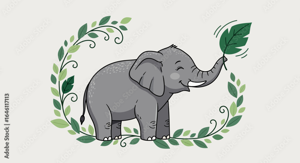 Naklejka premium Happy Elephant With Leaf Standing Within a Whimsical Green Leafy Frame