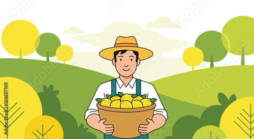 Happy farmer holding a basket full of freshly harvested lemons in the orchard