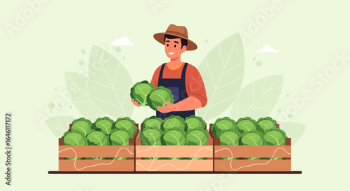 Happy farmer holding cabbages harvested fresh from his garden in wooden crates
