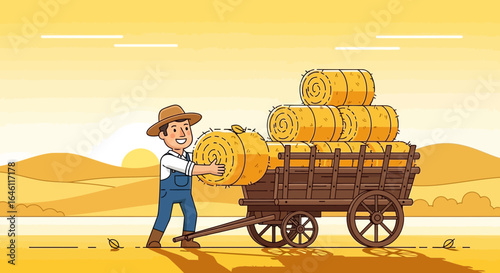Happy Farmer Loading Hay Bales Onto Cart At Golden Sunset In Rural Landscape