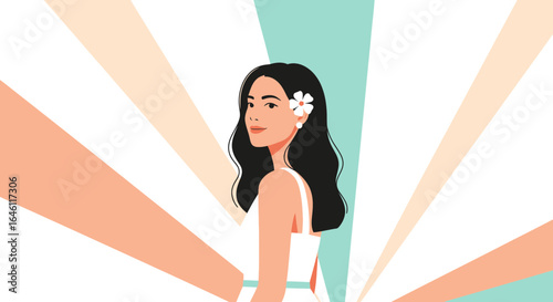 Elegant woman with flower in hair in summer dress on abstract background