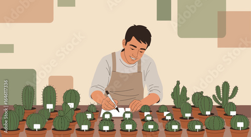 Happy man in apron taking inventory of small potted cacti plants in his store