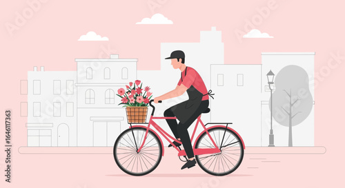 Flower delivery man riding a bicycle with a basket full of flowers on a pink background with buildings showing a peaceful scene