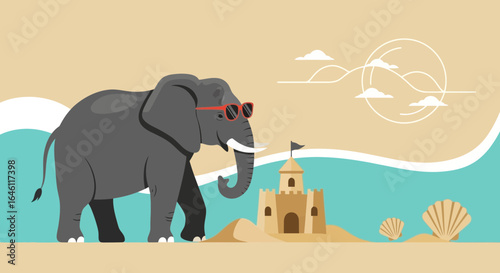 Elephant enjoying summer vacation at beach wearing sunglasses beside sandcastle