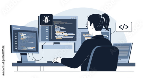 Focused female software engineer coding on multiple screens in a modern office environment