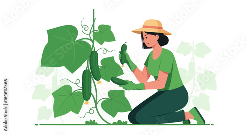 Happy Woman Gardener Harvesting Fresh Organic Cucumbers in Garden Illustration