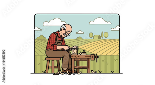 Focused Senior Woodworker Carefully Shaping Wood Outdoors in Rustic Setting