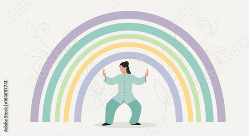 Harmony Under the Rainbow Woman Practicing Tai Chi with Colorful Arch