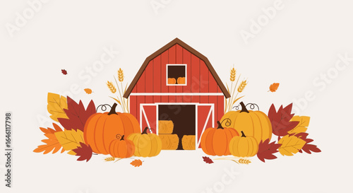 Harvest scene with pumpkins, autumn leaves, hay bales and red wooden barn illustration