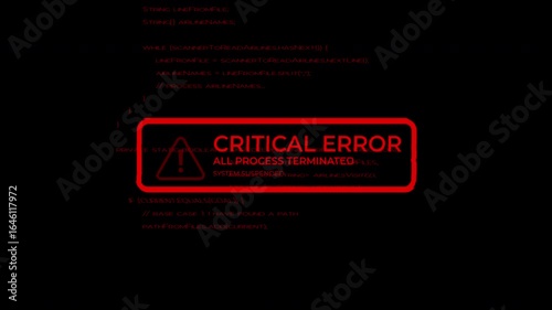 Red critical error message flashing with code in background. 4k