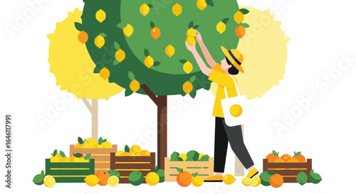 Harvesting lemons in a vibrant orchard illustration conveying freshness and abundance