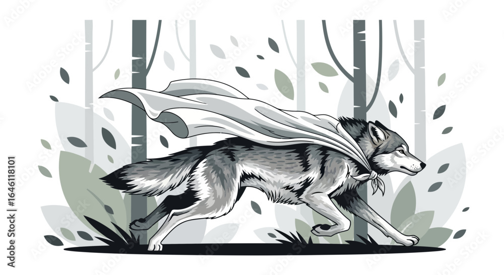 Fototapeta premium Heroic Wolf Galloping Through a Forest Under a Flowing Cape in Grayscale