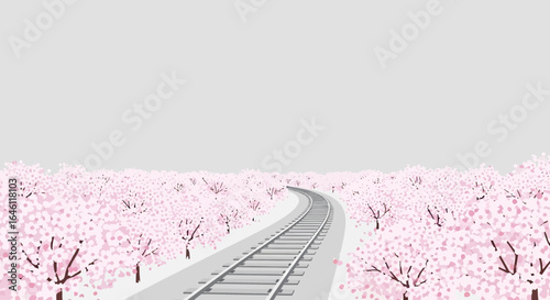 Enchanting railroad journey through a serene landscape of cherry blossoms in spring