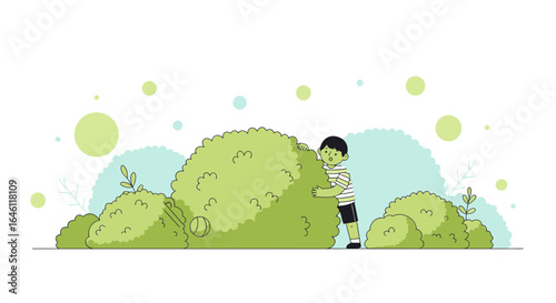Hide And Seek A Boy Plays Behind Bushes Flat Vector Illustration