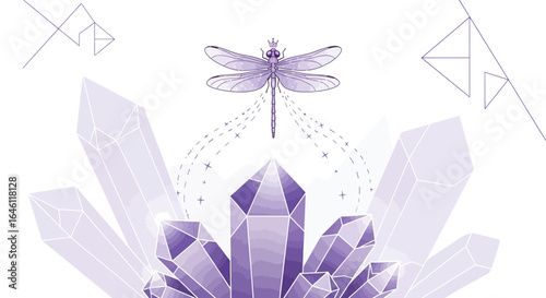 Enchanting purple amethyst crystals with a magical dragonfly, vector illustration design in delicate lilac tones for mystical themes