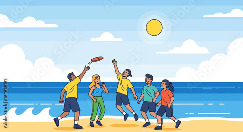 Friends Enjoying Summertime Fun Playing Frisbee On the Beach Together