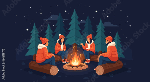 Friends Gathered Around a Campfire Under the Starry Sky in a Forest Illustration