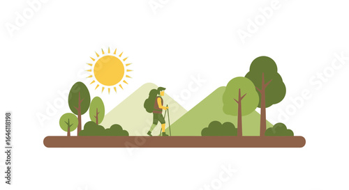 Hiking Adventure Through Nature's Tranquil Landscape With Backpack And Walking Sticks